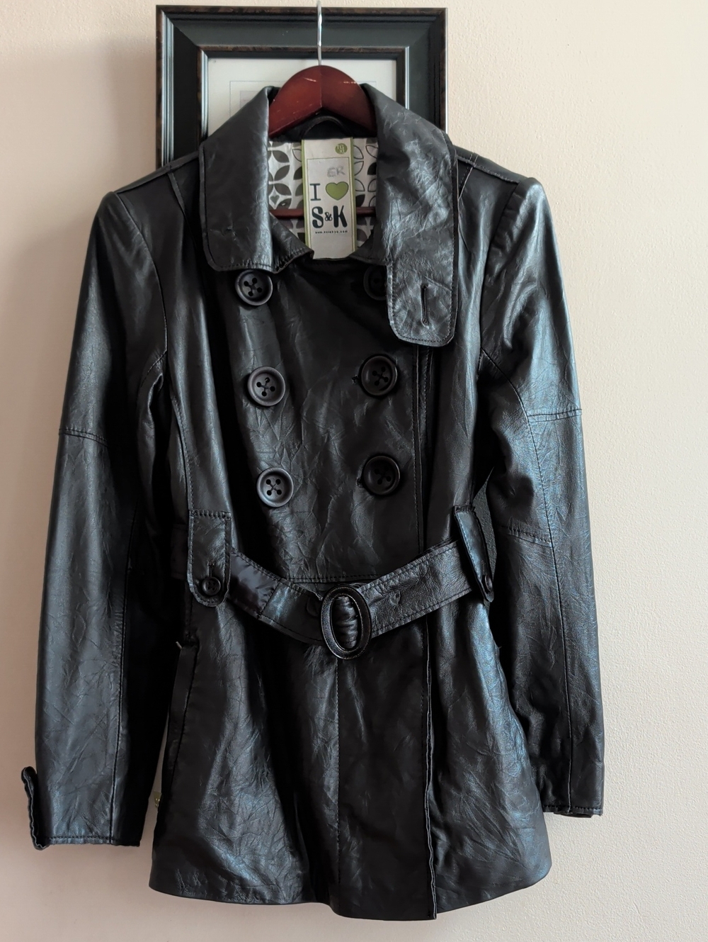 Soia & Kyo Dark Brown Leather Double-Breasted Short Trench Coat